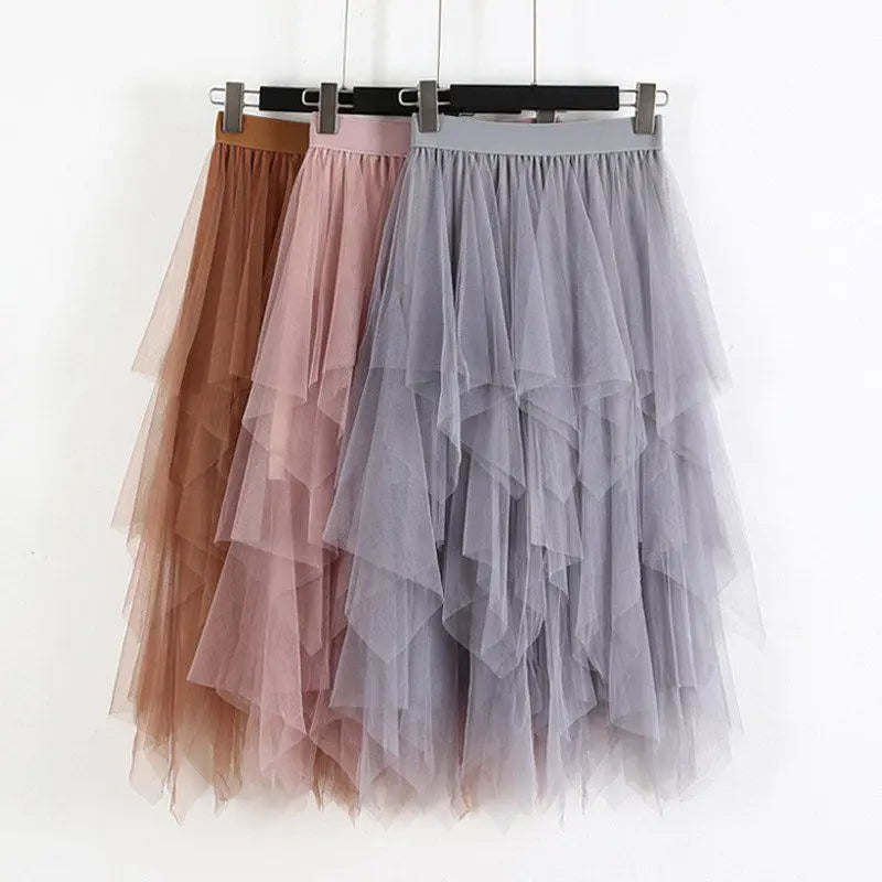 Fashion 2022 Spring Party Skirt Elastic High Waist Long Tulle Skirt Women Irregular Hem Mesh Tutu Skirt Ladies
